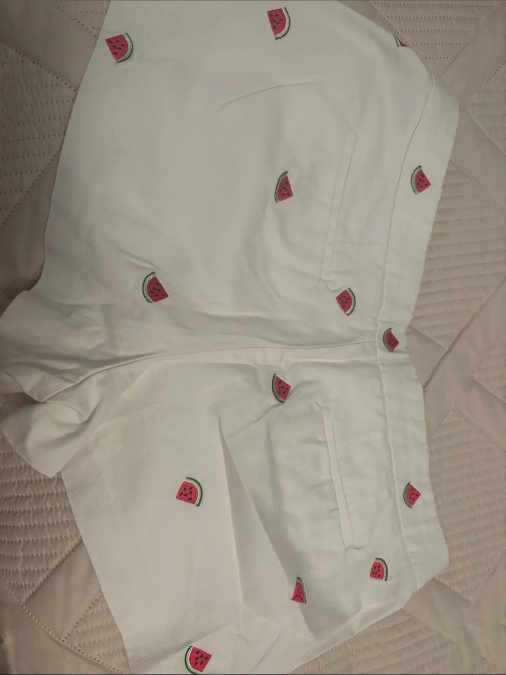 J. Crew White Shorts with Pink & Green Watermelon Embroidery